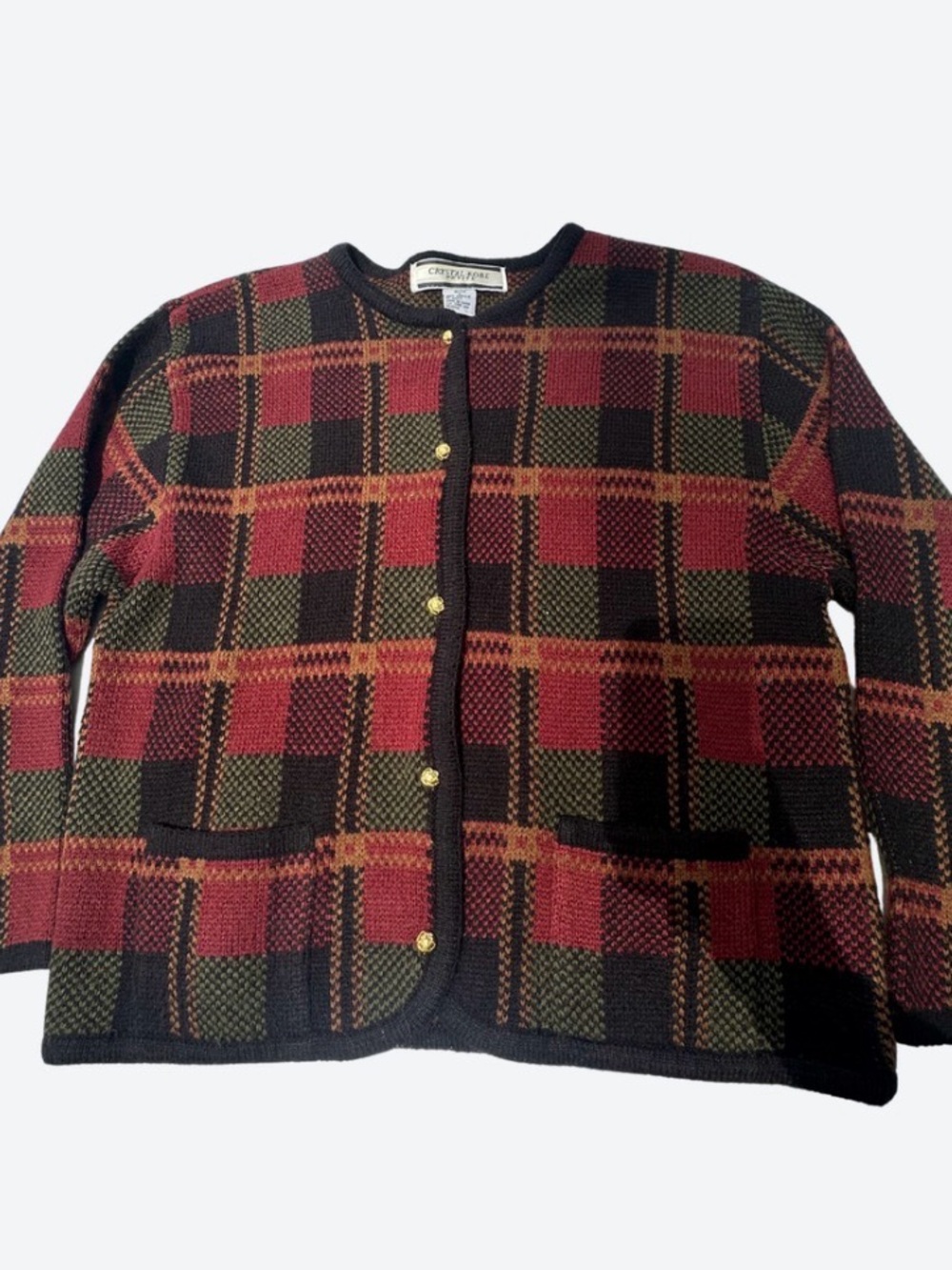 90’s VTG Crystal-kobe Plaid Knit Cardigan Gold Buttons